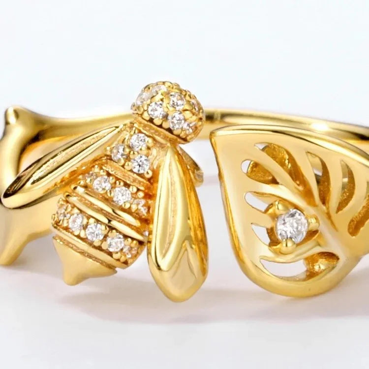 18K Gold Plated Adjustable Bee Ring – Sterling Silver & Zircon Elegance